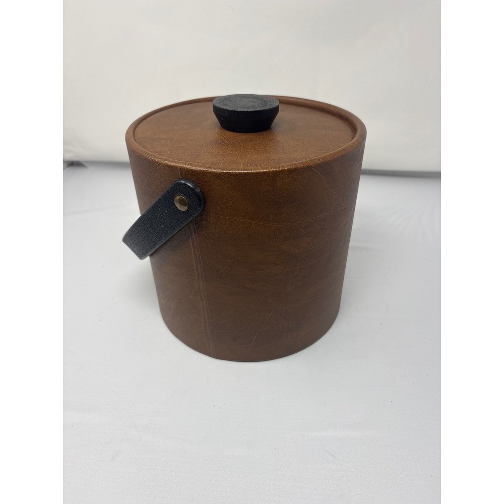 Vintage Mid Century Modern Brown Faux Leather Insulated Ice Bucket with Handle - Picture 3 of 6